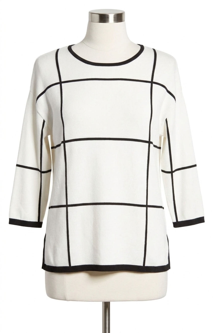 NEW JOSEPH RIBKOFF two-tone plaid 3/4 sleeves lightweight sweater top in vanilla